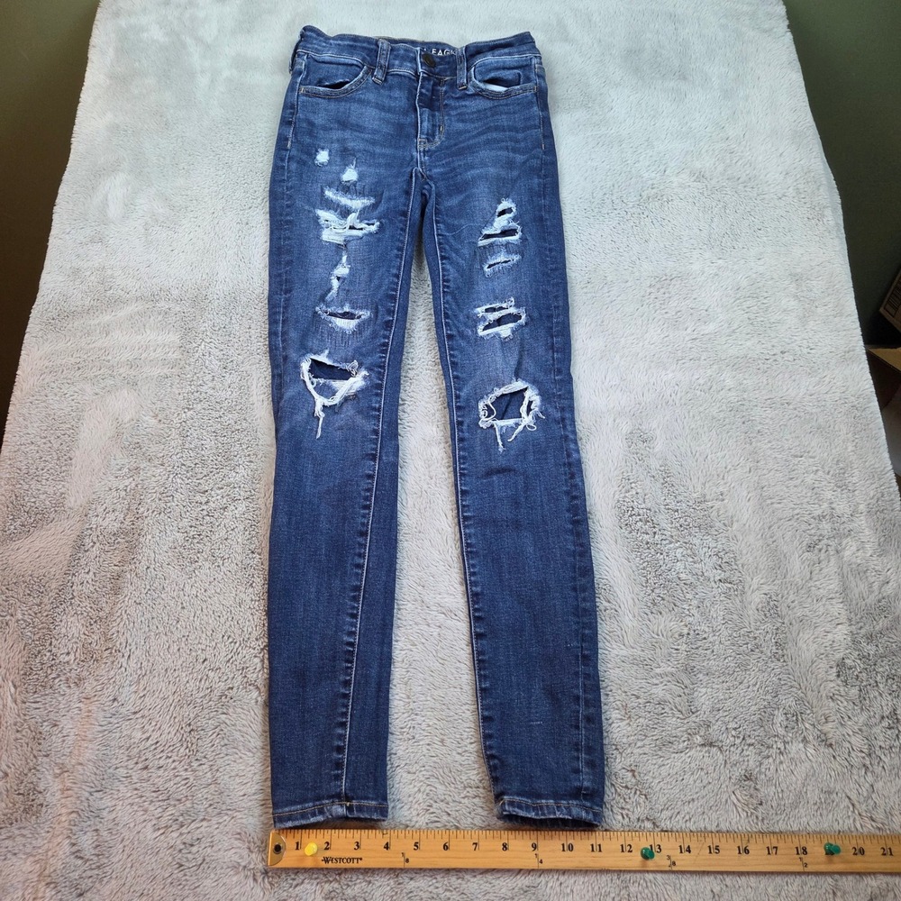 American Eagle Skinny Jeans Womens Sz 0 Distressed Next Level Stretch Dark Blue